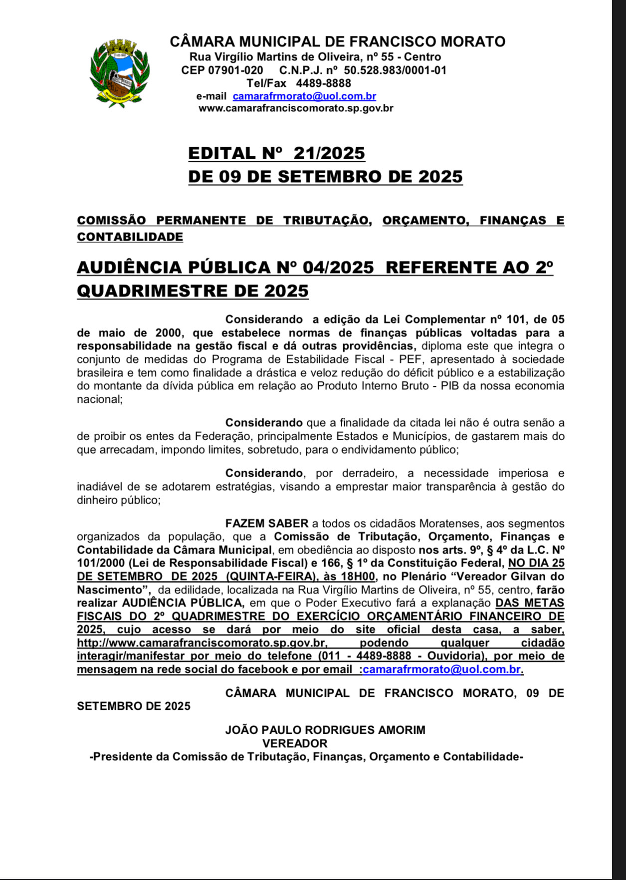 AUDIÊNCIA PÚBLICA Nº 04/2025
