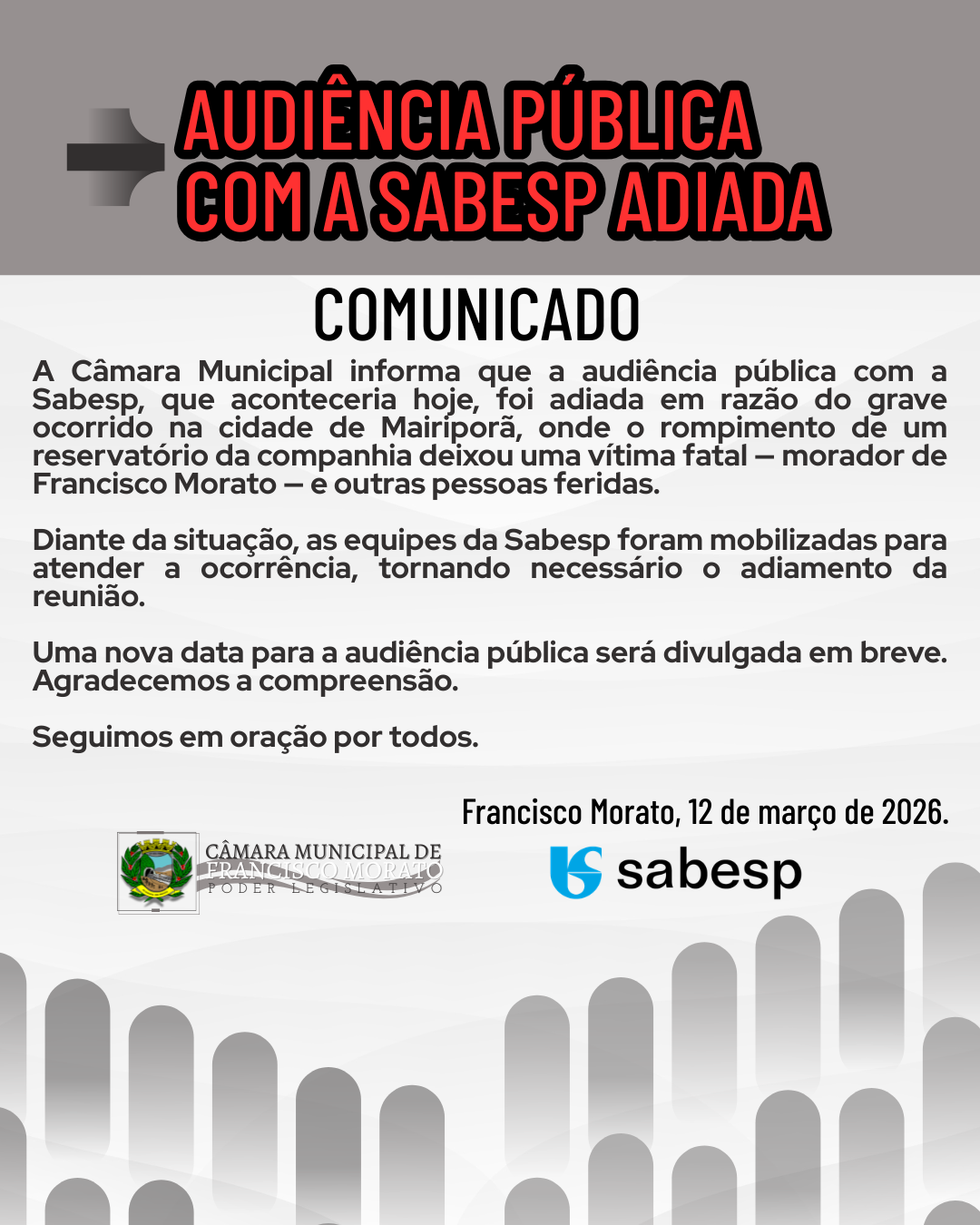 AUDIÊNCIA PÚBLICA COM A SABESP: ADIADA